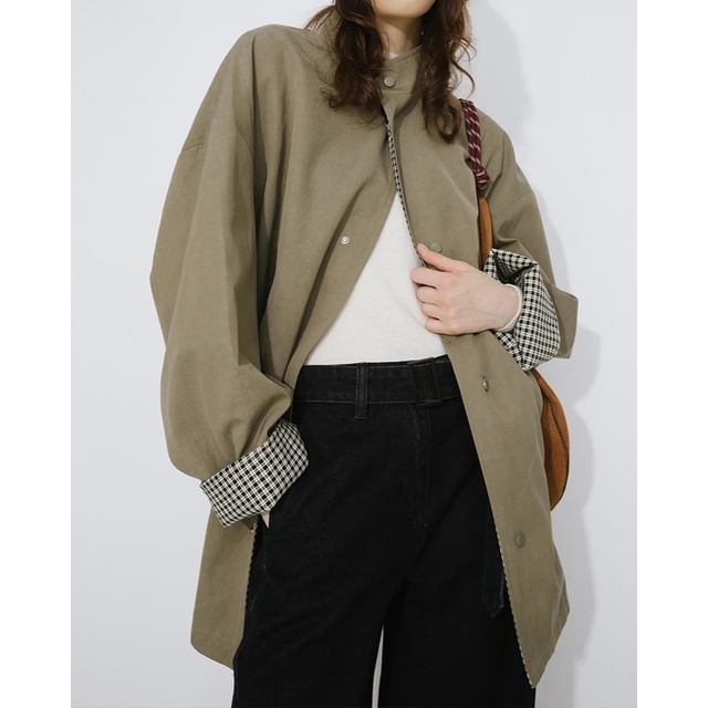 Lexama-Stand Collar Plaid Reversible Button Trench Coat