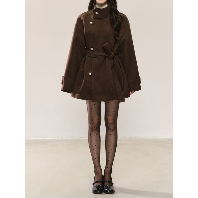 Lexama-Stand Collar Plain Button Tie-Waist Coat