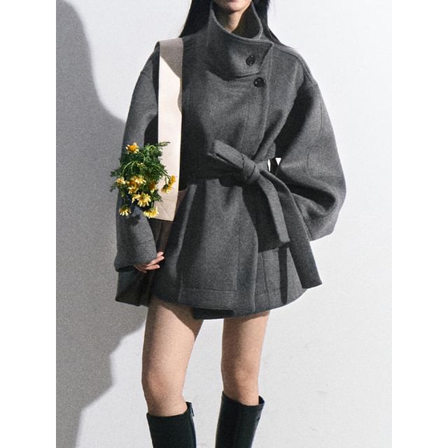 Lexama-Stand Collar Plain Button Tie-Waist Coat