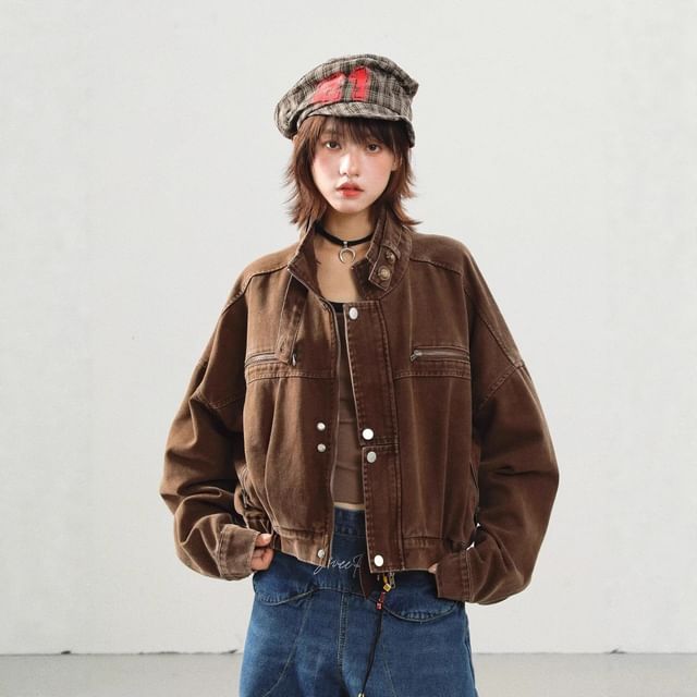 Lexama-Stand Collar Washed Zip Cargo Jacket