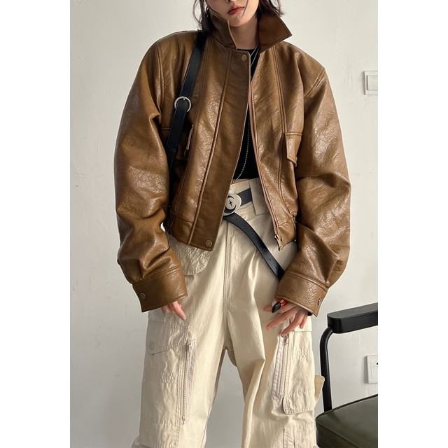 Lexama-Turtleneck Faux Leather Zip-Up Crop Jacket