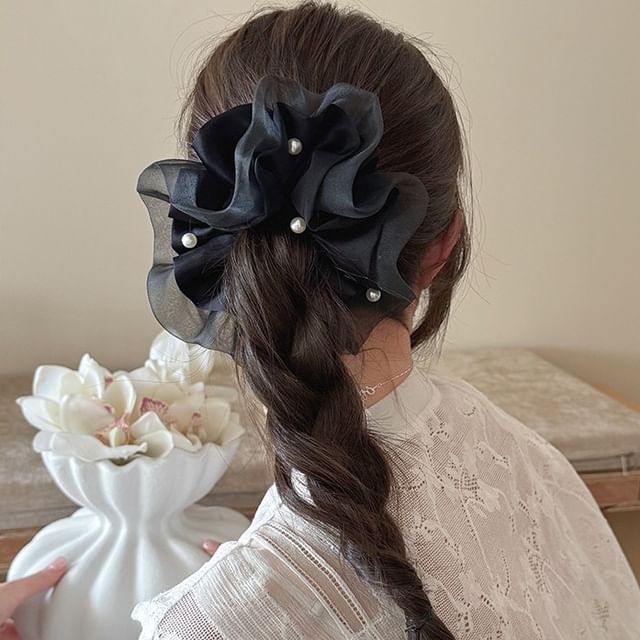 LIDO-Plain Faux Pearl Mesh Scrunchie