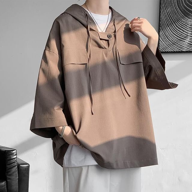 Lingaris-34-Sleeve Plain Buttoned Hoodie