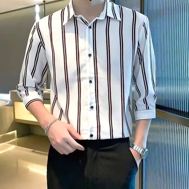 Lingaris-34-Sleeve Striped Button-Up Shirt