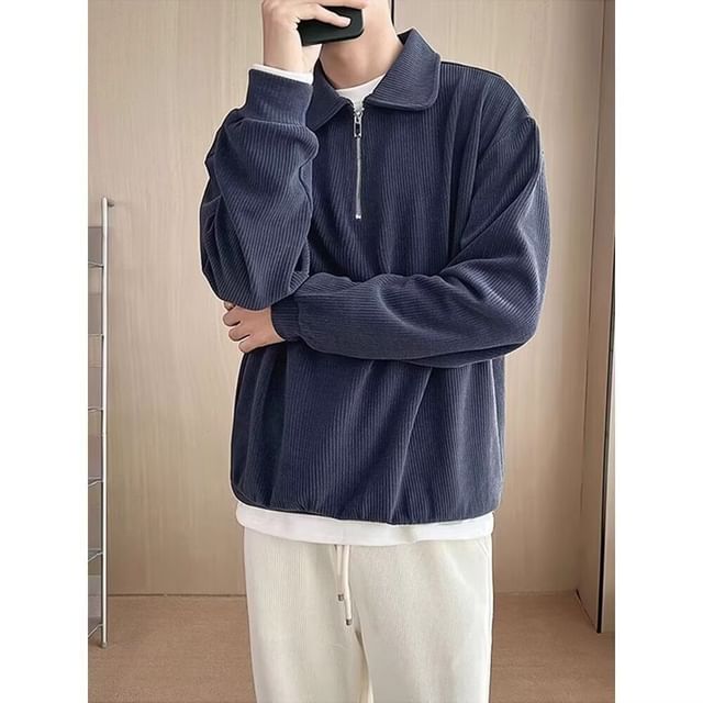 Lingaris-Collar Plain Half-Zip Sweater