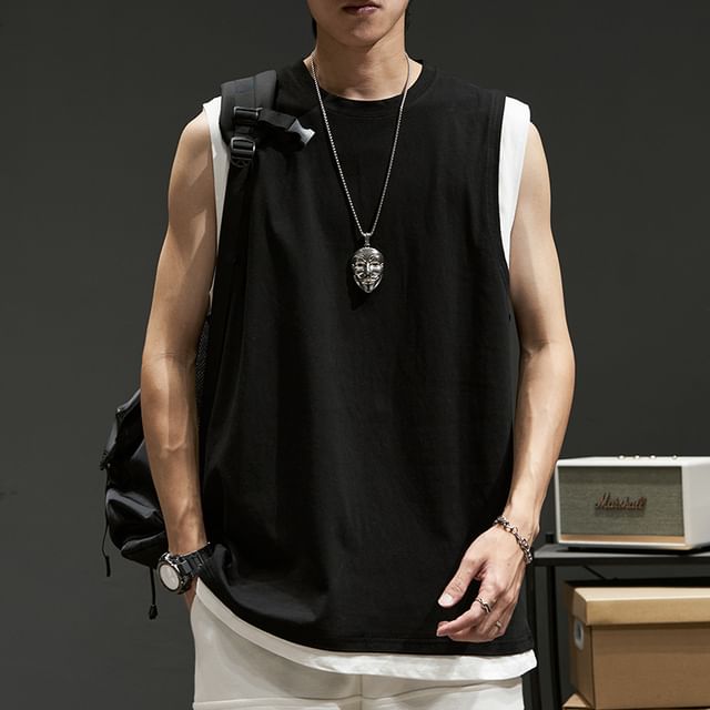 Lingaris-Crew Neck Plain Contrast Trim Tank Top