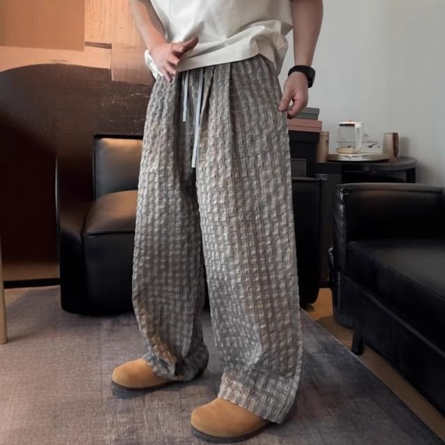 Lingaris-Drawstring Waist Gingham Wide Leg Pants