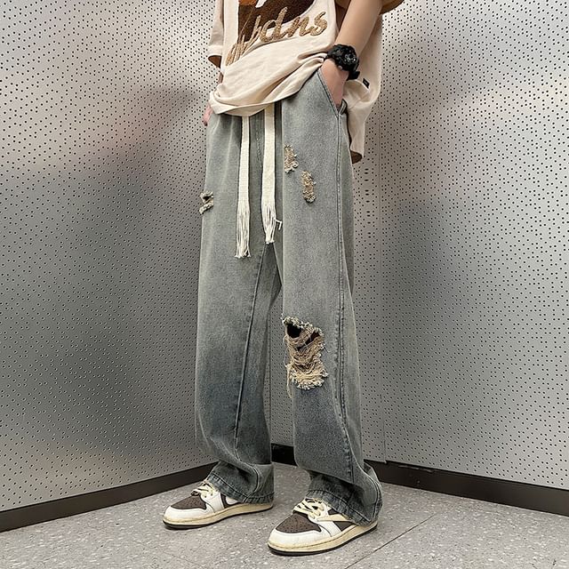 Lingaris-Drawstring Waist Gradient Distressed Wide Leg Jeans