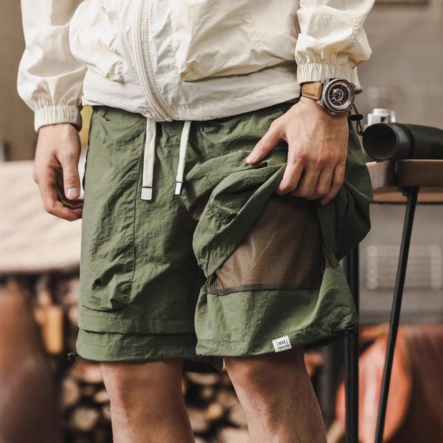 Lingaris-Drawstring Waist Plain Cargo Shorts