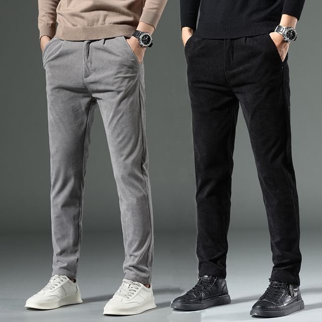 Lingaris-Drawstring Waist Plain Corduroy Tapered Pants