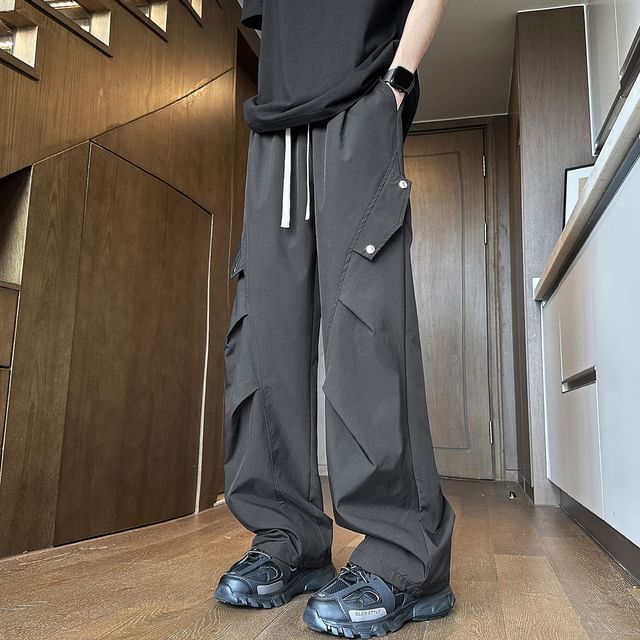 Lingaris-Drawstring Waist Plain Loose Fit Cargo Pants