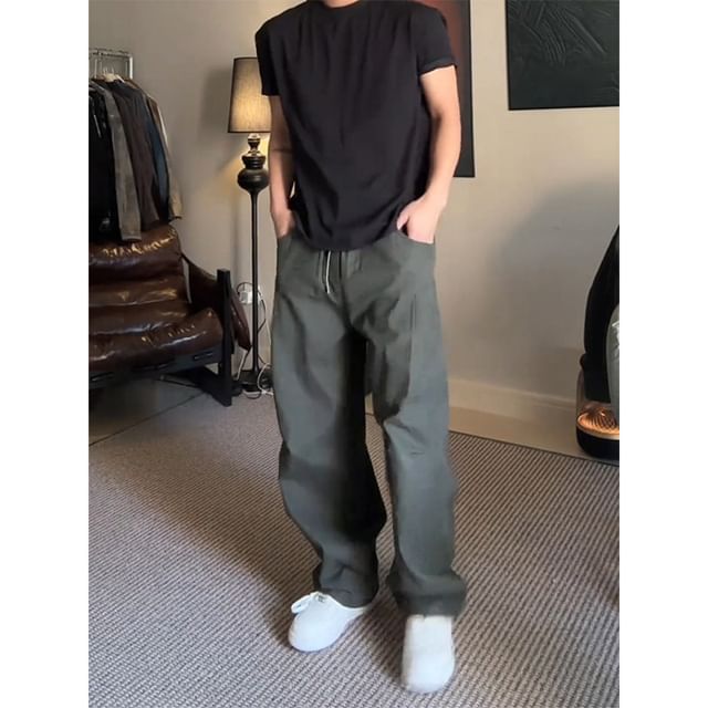 Lingaris-Drawstring Waist Plain Loose Fit Pants