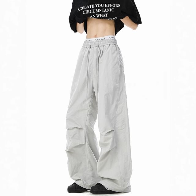 Lingaris-Drawstring Waist Plain Wide Leg Pants