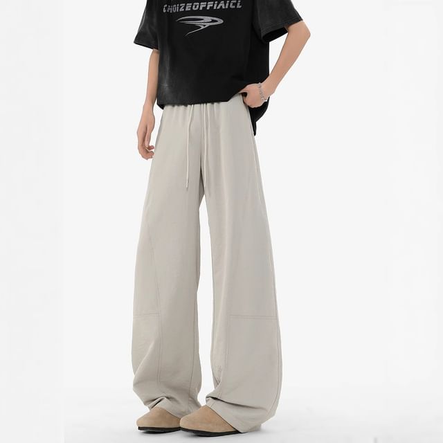 Lingaris-Drawstring Waist Plain Wide Leg Pants