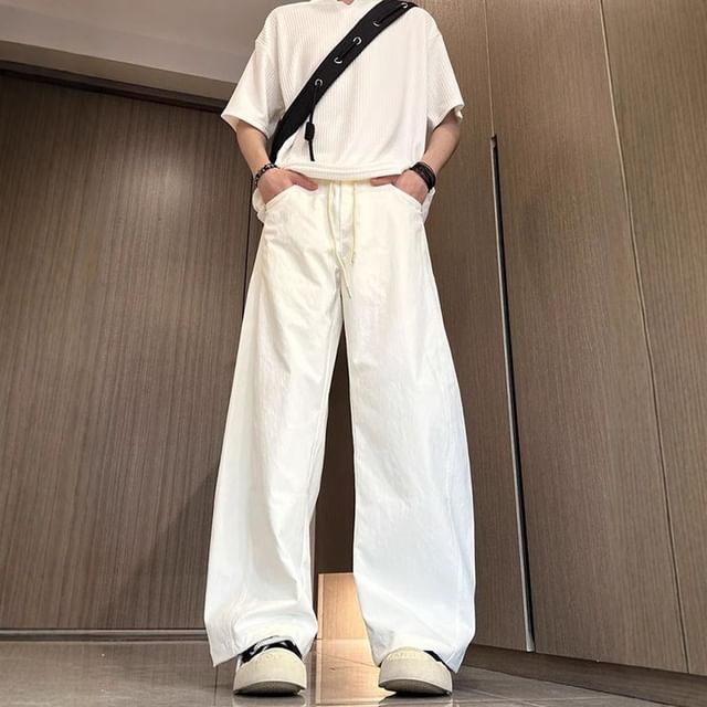 Lingaris-Drawstring Waist Plain Wide Leg Pants