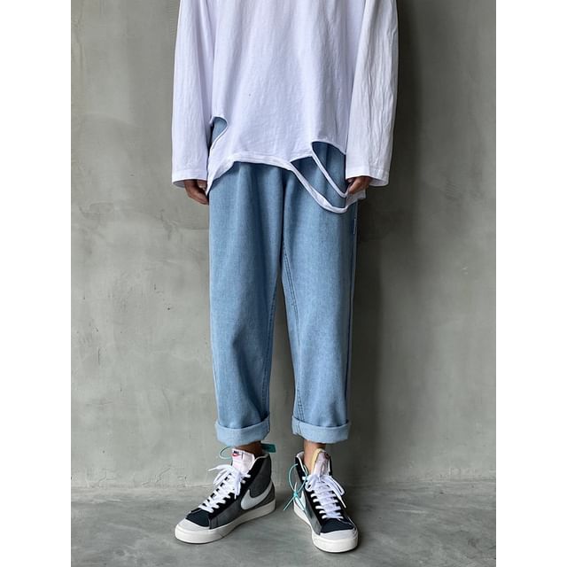Lingaris-Drawstring Waist Washed Cropped Tapered Jeans