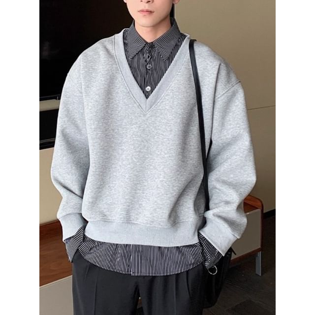 Lingaris-Drop Shoulder Pinstriped Mock Two Piece Sweatshirt