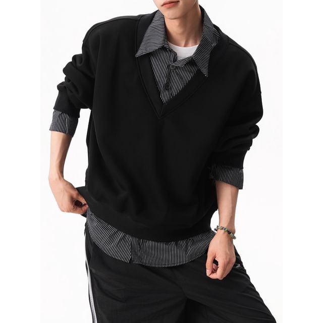 Lingaris-Drop Shoulder Pinstriped Mock Two Piece Sweatshirt