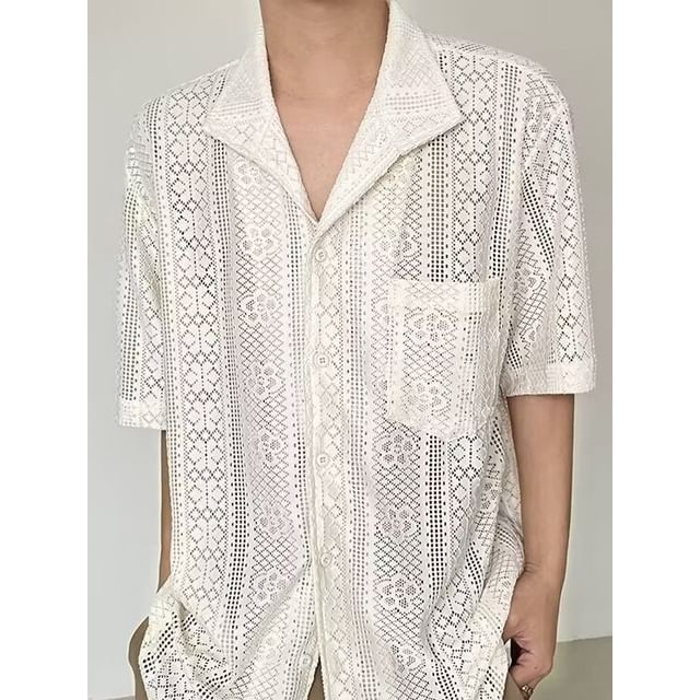 Lingaris-Elbow-Sleeve Button-Up Lace Shirt
