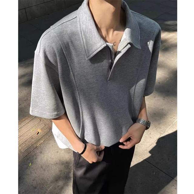 Lingaris-Elbow-Sleeve Collar Plain T-Shirt
