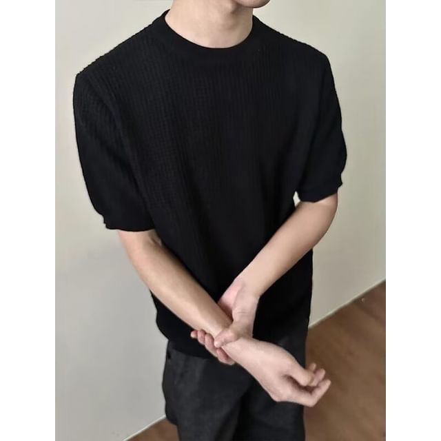 Lingaris-Elbow-Sleeve Crew Neck Plain Waffle Knit Top