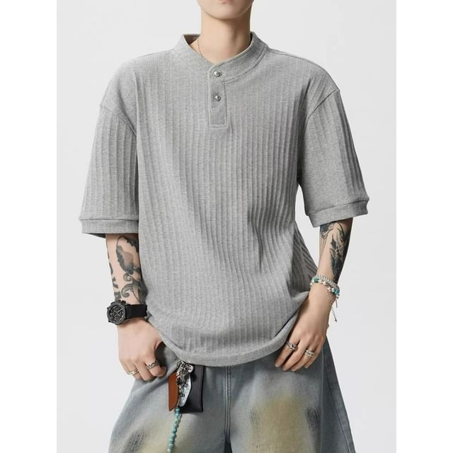 Lingaris-Elbow-Sleeve Stand Collar Plain T-Shirt