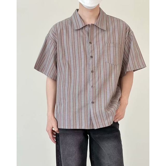 Lingaris-Elbow-Sleeve Striped Button-Up Shirt