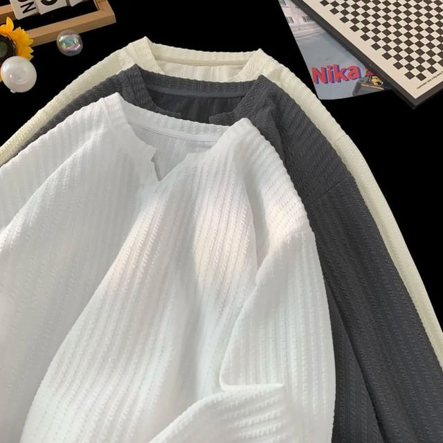 Lingaris-Long-Sleeve Notch Neck Plain T-Shirt