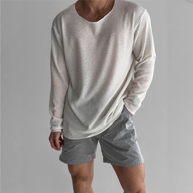 Lingaris-Long-Sleeve Round Neck Plain T-Shirt