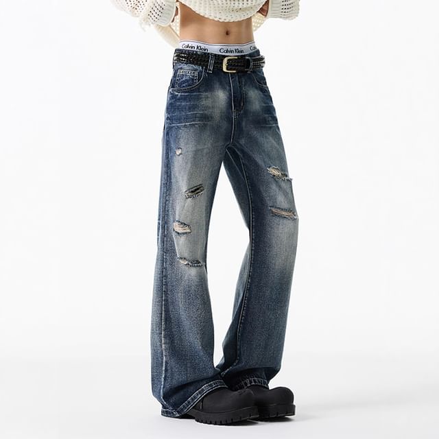 Lingaris-Low Rise Washed Distressed Flared Jeans