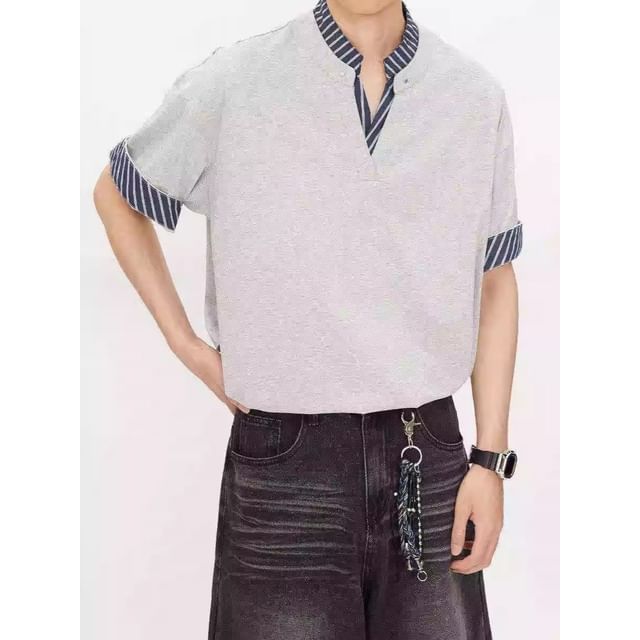 Lingaris-Mock Two-Piece Elbow-Sleeve Stand Collar Striped Panel T-Shirt