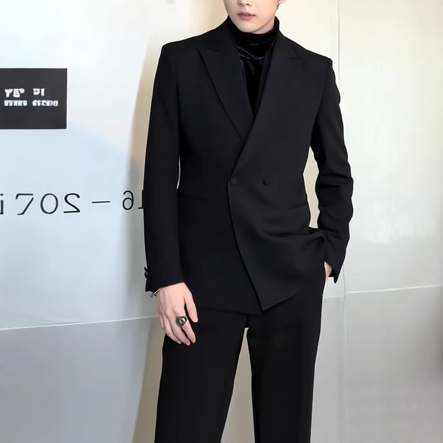 Lingaris-Peak Lapel Plain Double-Breasted Blazer