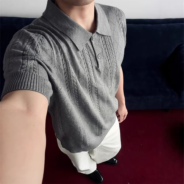 Lingaris-Short-Sleeve Collar Plain Cable-Knit Top