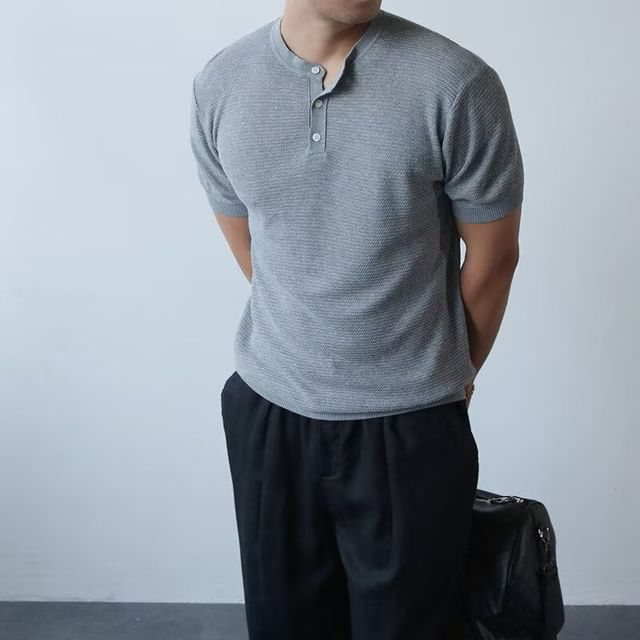Lingaris-Short-Sleeve Henley Plain Knit Top