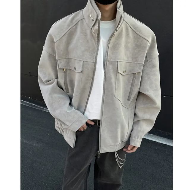 Lingaris-Stand Collar Faux Suede Zip Cargo Jacket