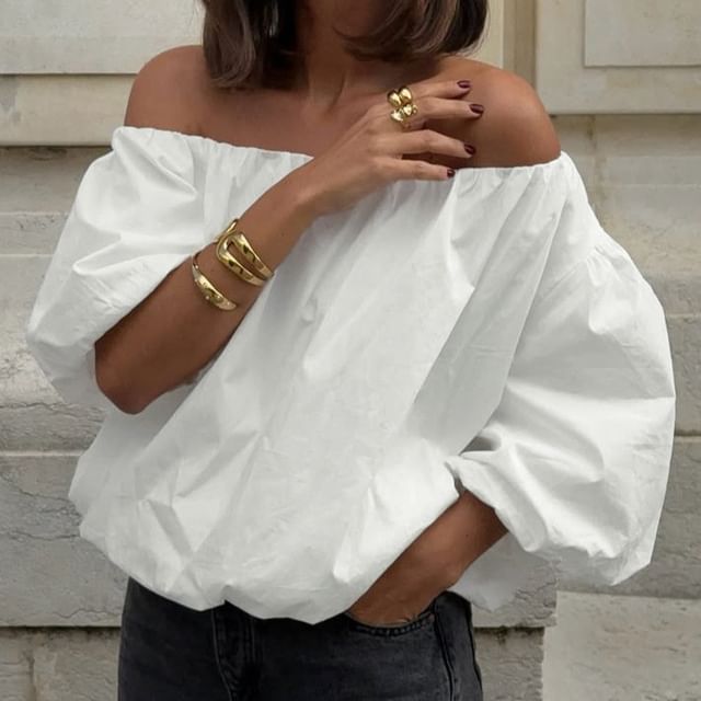 Litoya-34-Sleeve Off Shoulder Plain Ruched Blouse