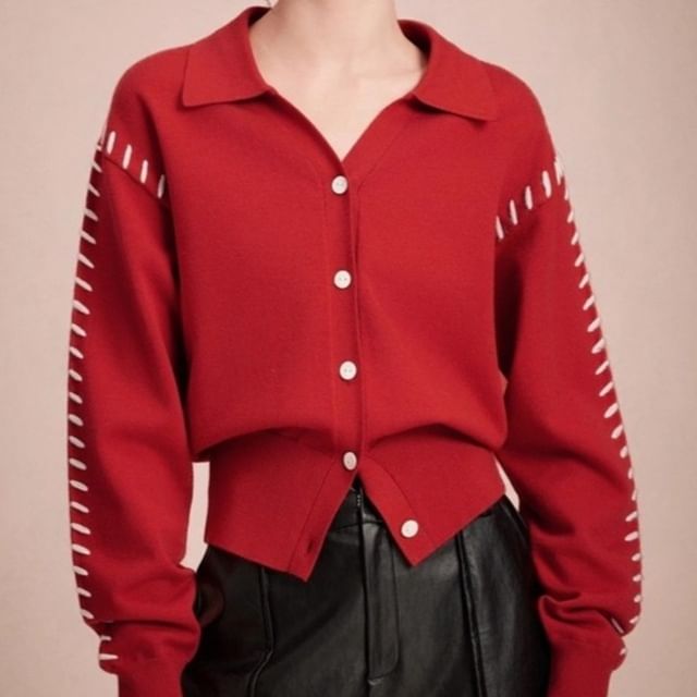 Litoya-Collared Contrast Stitch Cardigan
