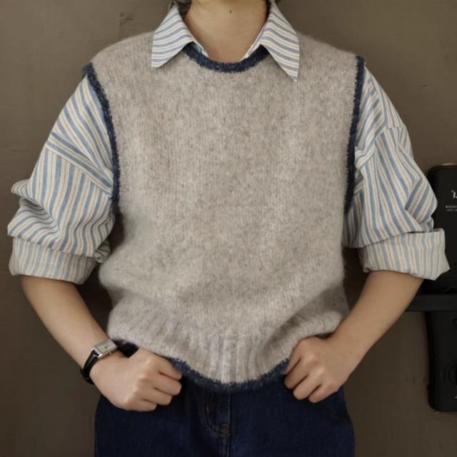 Litoya-Crew Neck Contrast Trim Sweater Vest