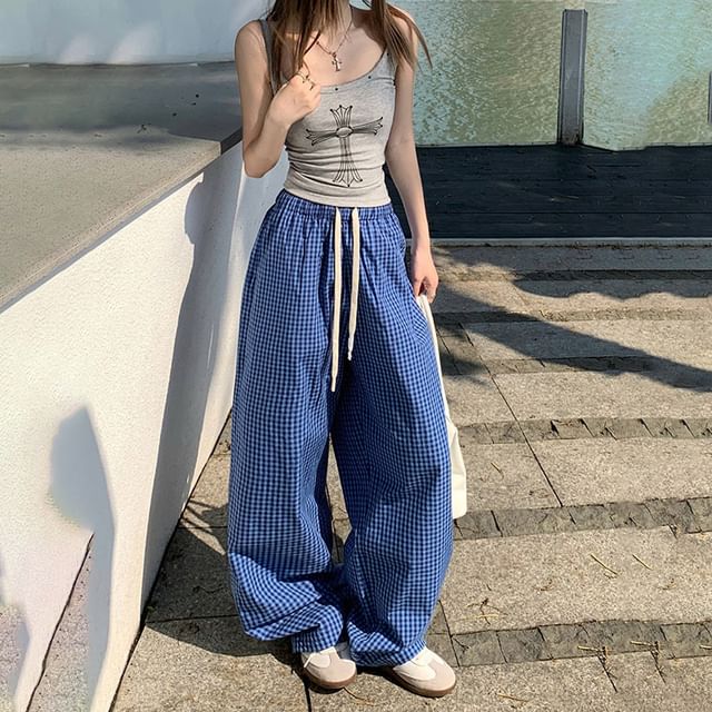 Litoya-Drawstring Plaid Baggy Pants Various Designs