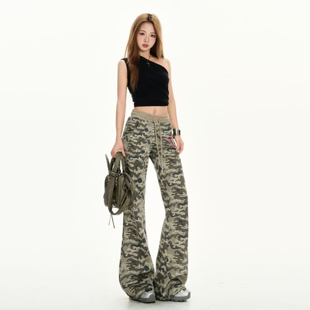 Litoya-Drawstring Waist Camouflage Flared Sweatpants Various Designs