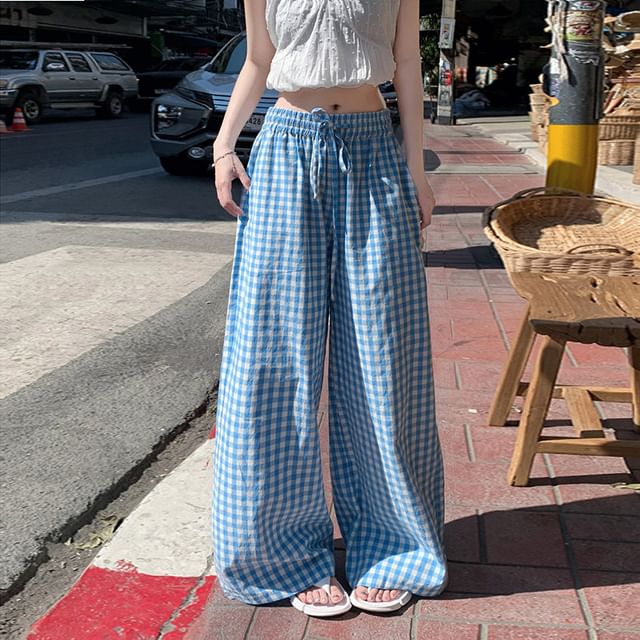 Litoya-Drawstring Waist Plaid Baggy Pants Various Designs