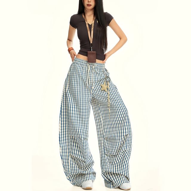 Litoya-Drawstring Waist Plain Baggy Pants