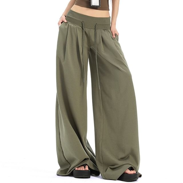 Litoya-Drawstring Waist Plain Baggy Pants