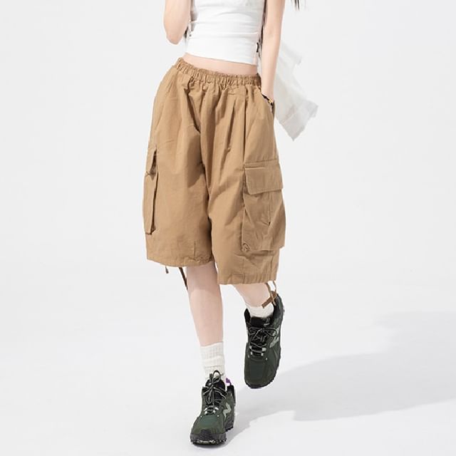Litoya-Elastic Waist Plain Cargo Shorts