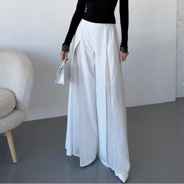 Litoya-High Waist Plain Mesh Panel Wide Leg Pants