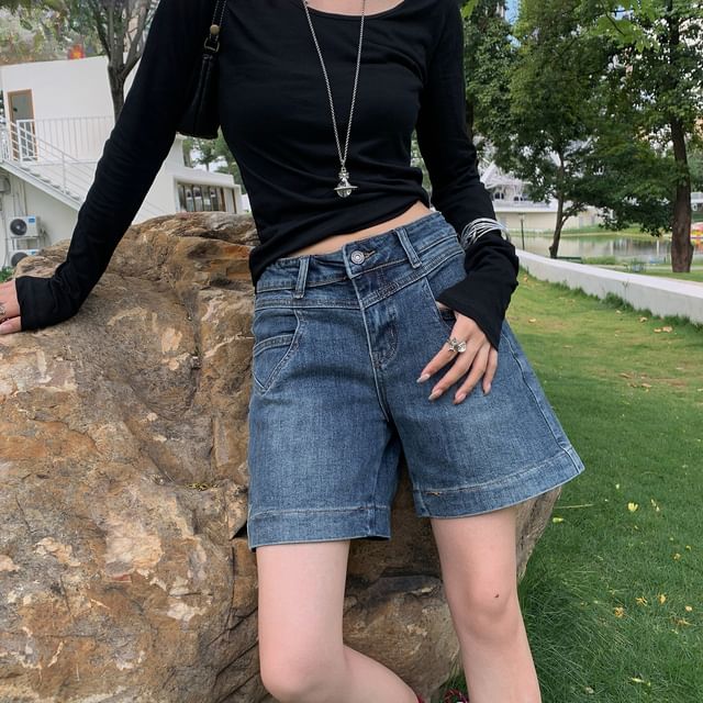Litoya-High Waist Washed Denim Shorts