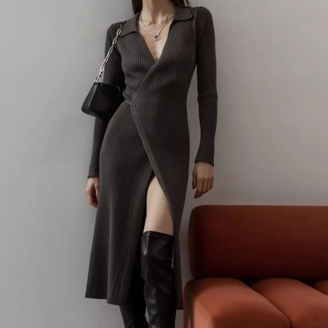 Litoya-Long-Sleeve Collared Asymmetrical Wrapped Midi Dress