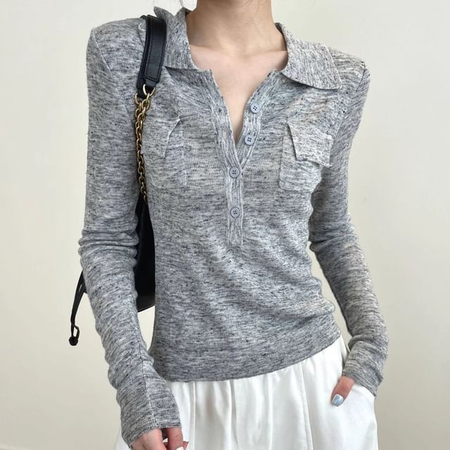 Litoya-Long-Sleeve Collared Half-Buttoned Slim Fit Knit Top