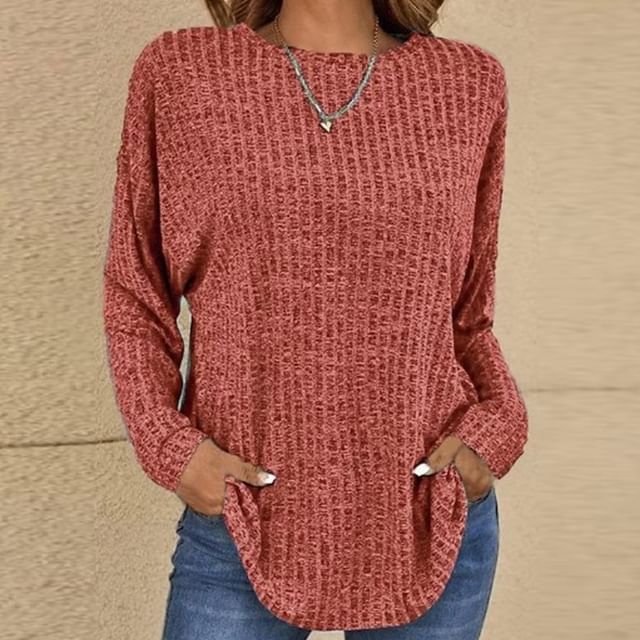 Litoya-Long Sleeve Crew Neck Melange Ribbed Top