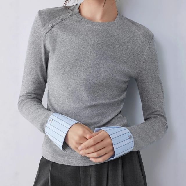Litoya-Long Sleeve Crew Neck Striped Panel Top